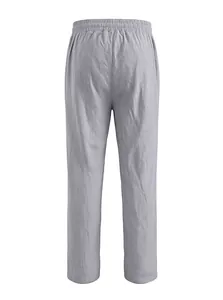 Vista posteriore dei pantaloni in lino grigio chiaro da uomo con elastico in vita e lacci