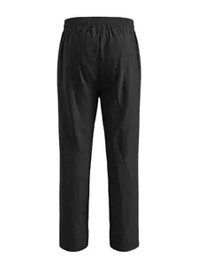 Vista posteriore dei pantaloni in lino nero con elastico in vita e trama naturale