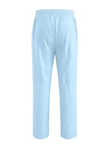 Vista posteriore dei pantaloni in lino azzurro a gamba dritta con coulisse in vita