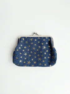 Classic 4-inch denim star pattern kiss-lock coin purse with silver metal frame