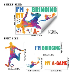 Detailed size specifications for soccer wall sticker with dreamer slogan and player silhouette