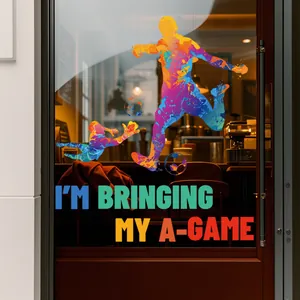 Detail of soccer window decal with a player silhouette and I'm Bringing My A-Game slogan