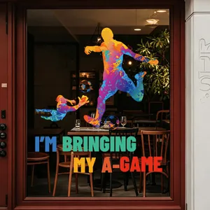 Detail of vibrant watercolor soccer wall decals on a glass door featuring player silhouettes