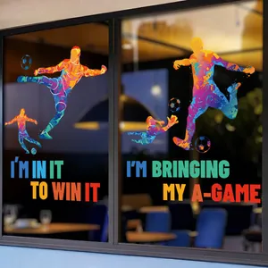 Rainbow gradient soccer window stickers with motivational slogans on glass surface