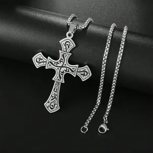 Vintage Gothic Stainless Steel Cross Pendant Necklace For Men Women Retro Carved Pattern Punk Hip Hop Fashion Jewelry Gift