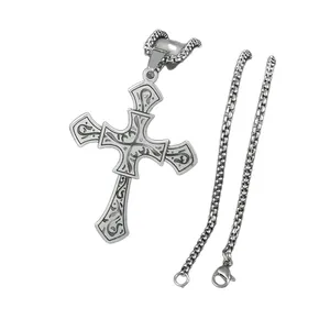Vintage stainless steel cross pendant necklace with engraved scroll patterns and dual chains