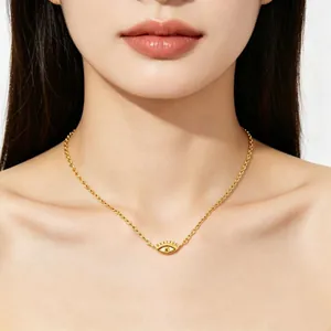 Minimalist S925 sterling silver evil eye necklace with golden finish on female model