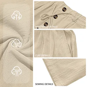 Detailed views of cotton linen pants fabric texture, drawstring waist and stitching