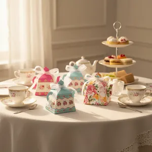 Floral teapot-shaped candy box with chiffon ribbon for elegant tea party favors