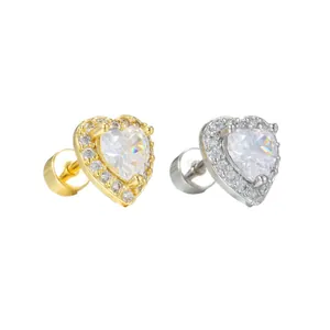 Elegant heart-shaped zircon halo earrings in gold and silver with secure screw back closure