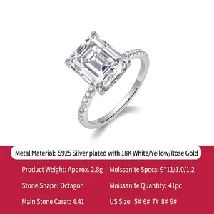 Anello in moissanite ottagonale da 4,41ct in argento S925 con pietre laterali pavé