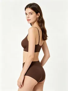 Professional side view of a brown seamless wireless bra and panty set for women