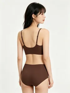 Detailed back view of a seamless chocolate brown wireless bra and matching panty set