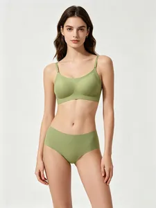 Seamless olive green underwear set featuring a U-neck wireless bra and matching briefs
