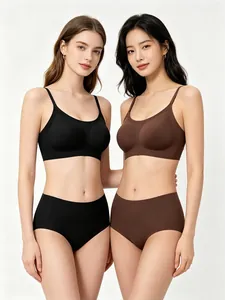 Seamless wireless vest-style bra and panty set in black and brown colors for women