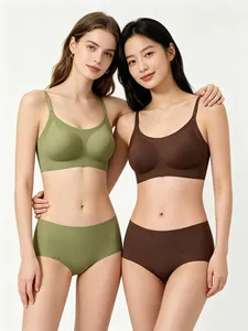 Detailed view of seamless vest-style underwear sets with wireless U-neck bras and briefs
