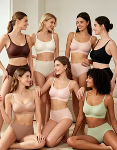 Group of women in colorful seamless vest-style wireless bra and matching underwear sets