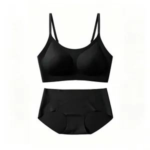 A detailed view of the premium black seamless wireless U-neck bra and panty set