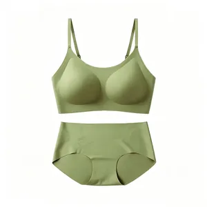 Premium sage green seamless wireless bra and panty set with elegant U-neck design