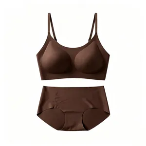 Seamless chocolate brown wireless bra and panty set on a clean white background