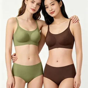 Women Seamless Wireless Bra And Panty Set U-Neck Thin Padded Lingerie Set Comfortable Breathable Top And Bottom Underwear