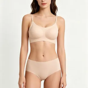 Comfortable seamless wire-free thin U-neck bra and panty set for women in beige