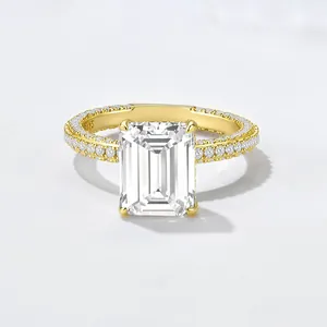 925 Sterling Silver Ring Set Emerald Cut Rectangular Zirconia Luxurious Pave Rhinestone Engagement Wedding Band For Women Jewelry