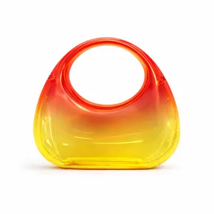 Detail of red and yellow gradient acrylic handbag with oval shape and transparent texture