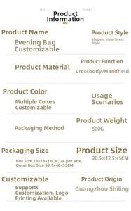 Detailed specifications for acrylic evening bag measuring 20.5x12.5x5cm and 500g weight