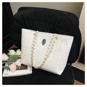 Détail macro du sac cabas blanc avec gaufrage tête de mort et breloque en strass sur fond noir