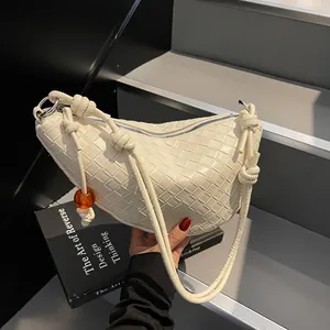 Women's Fashion Woven PU Leather Shoulder Bag Trendy Crescent Hobo Bag With Knot Strap And Amber Bead Decor Half Moon Purse