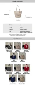 Detailed size chart for the large canvas tote bag showing dimensions and color options