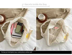 Detail view of woven hollow tote bag showing large capacity for daily items like phone and tablet