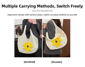 Detail of woven tote bag with 3D flower showing shoulder and handheld carry modes