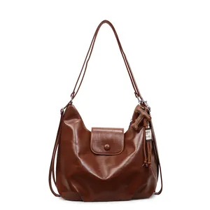 Grand sac cabas en cuir ciré marron pour femme, sac à bandoulière au style minimaliste chic
