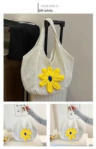 Detail of hollow woven tote bag in cream white featuring large sunflower crochet design