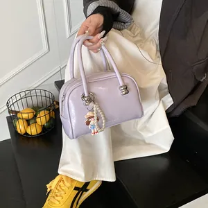 Lavender glossy square handbag with pearl charm and character pendant for women