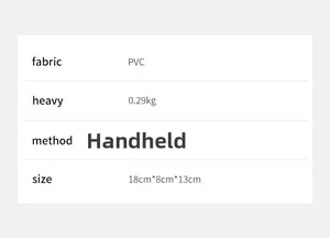 Detailed specifications of the PVC mini Boston bag showing 18x8x13cm size and 0.29kg weight