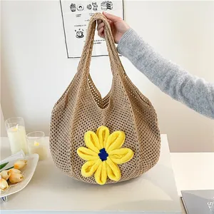 Women Large Capacity Knitted Hollow Out Tote Bag With 3D Sunflower Decoration Summer Crochet Beach Vacation Shoulder Bag