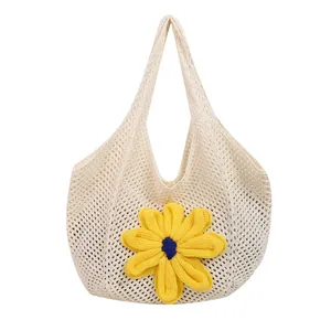 Large woven hollow tote bag with 3D yellow flower for summer beach and commute