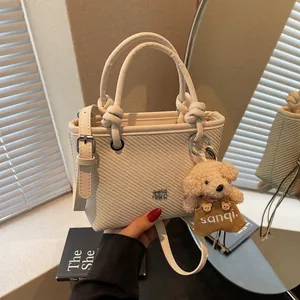 Women Woven Texture Bucket Bag With Bear Pendant Knot Handle PU Leather Crossbody Handbag Small Tote Bag For Daily Shopping