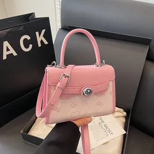 Women's Cartoon Bear Print Small Square Bag PU Leather Color Block Handbag Crossbody Bag With Rotary Lock Fashion Shoulder Bag