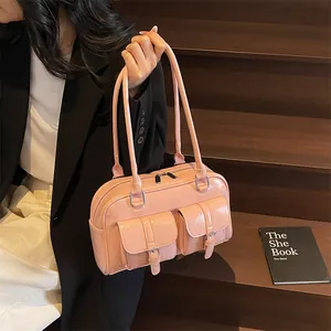 Women Glossy PU Leather Shoulder Bag Vintage Commuter Handbag Bowling Underarm Purse Daily Fashion Top Handle Bag With Pockets