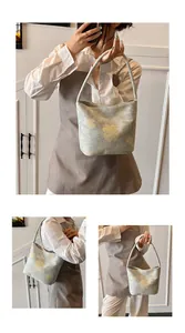 Close-up of floral jacquard texture and elegant stitching on the retro bucket bag