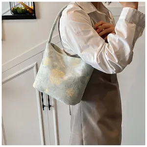 Detail of floral bucket bag featuring retro jacquard fabric and vintage pastoral pattern