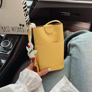 Women Lychee Pattern PU Leather Mini Crossbody Bag Vertical Mobile Phone Bag With Detachable Duck Charm Fashion Shoulder Bag