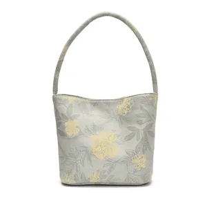 Fashionable floral bucket bag in light grey-green fabric for women summer casual wear