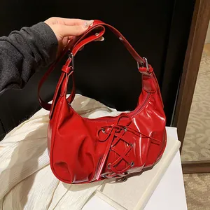 Fashion Glossy PU Leather Underarm Bag For Women Lace Up Bow Tie Dumpling Hobo Bag Shiny Y2K Style Niche Shoulder Bag