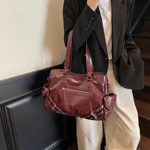 Retro burgundy large tote bag with silver hardware and buckle straps for women