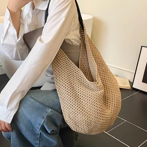 Women's Summer Hollow Out Crochet Knit Tote Bag Large Capacity Minimalist Hobo Shoulder Bag With Adjustable Leather Strap